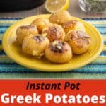 A plate of cooked potatoes, sprinkled with garlic and herbs, on a blue and yellow napkin with a pressure cooker, herbs, and a lemon in the background