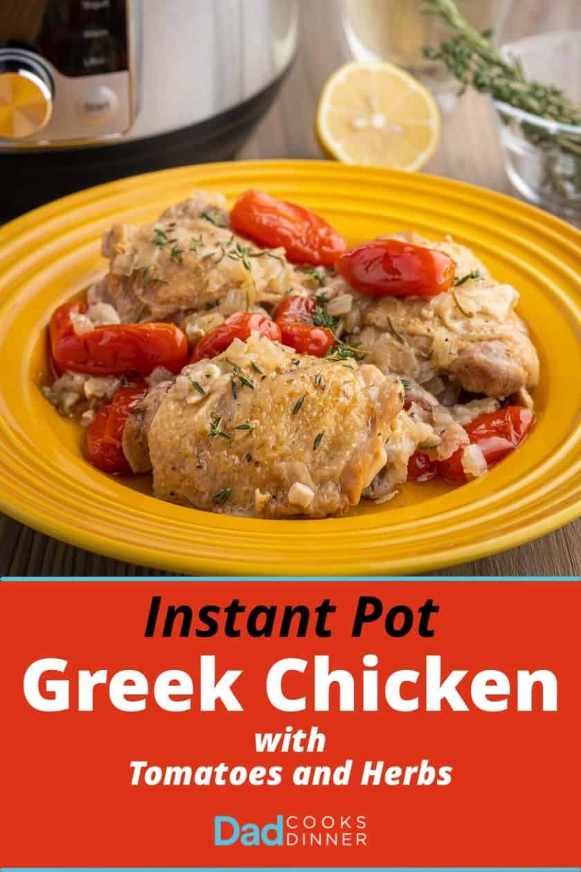 A plate of cooked chicken thighs, tomatoes, and onions, sprinkled with herbs, with a pressure cooker, herbs, and a lemon in the background