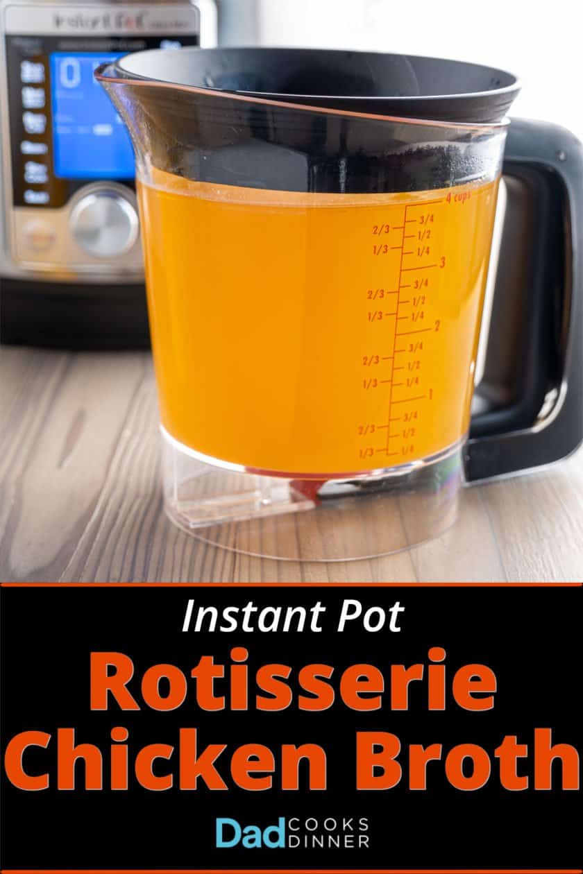 A fat separator full of rotisserie chicken broth, with an instant pot in the background