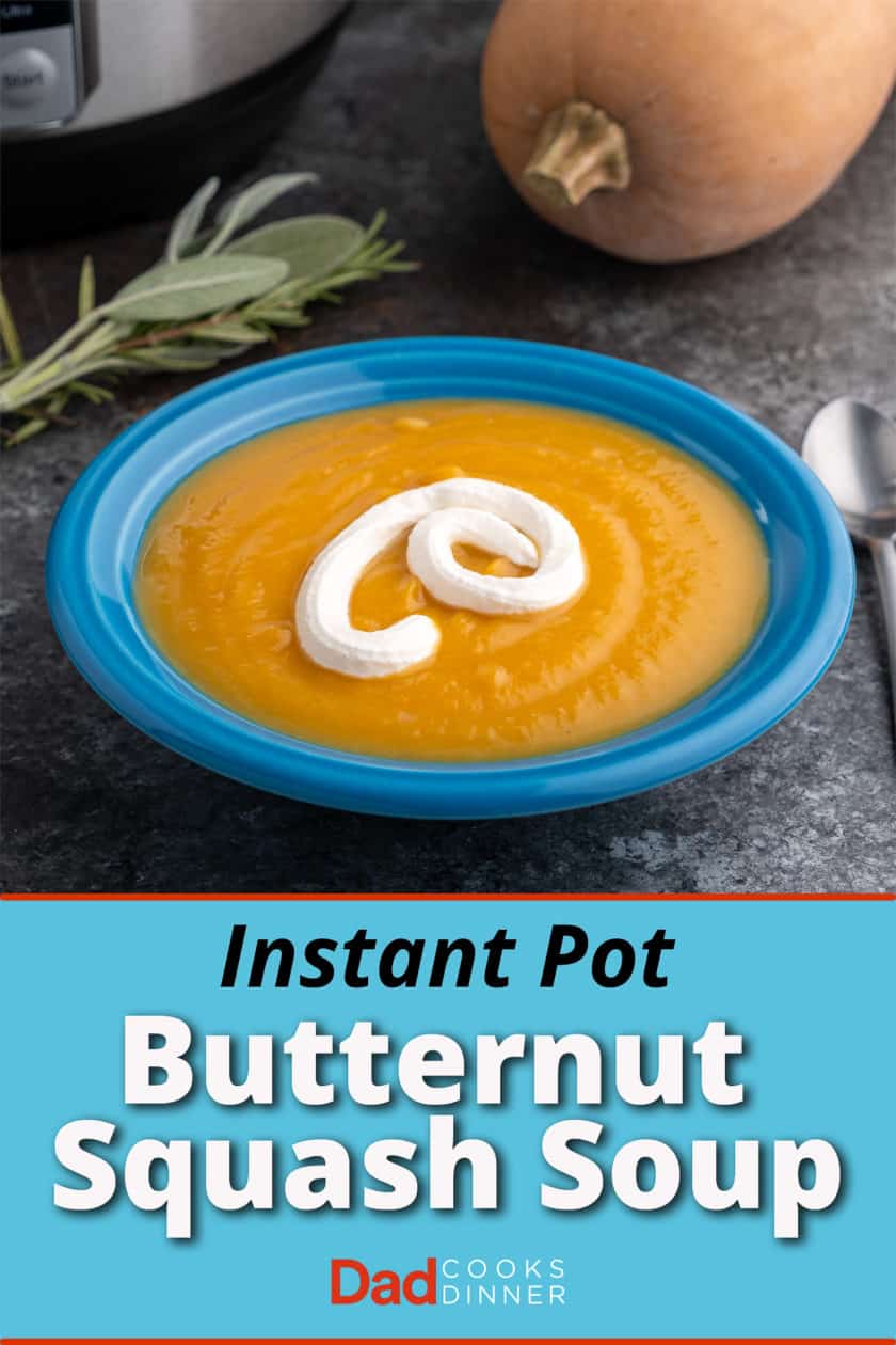 A blue bowl of squash soup with a drizzle of sour cream, with a bundle of herbs, a squash, and an Instant Pot in the background