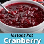 A bowl of cranberry sauce with a bowl of cranberries and an Instant Pot in the background