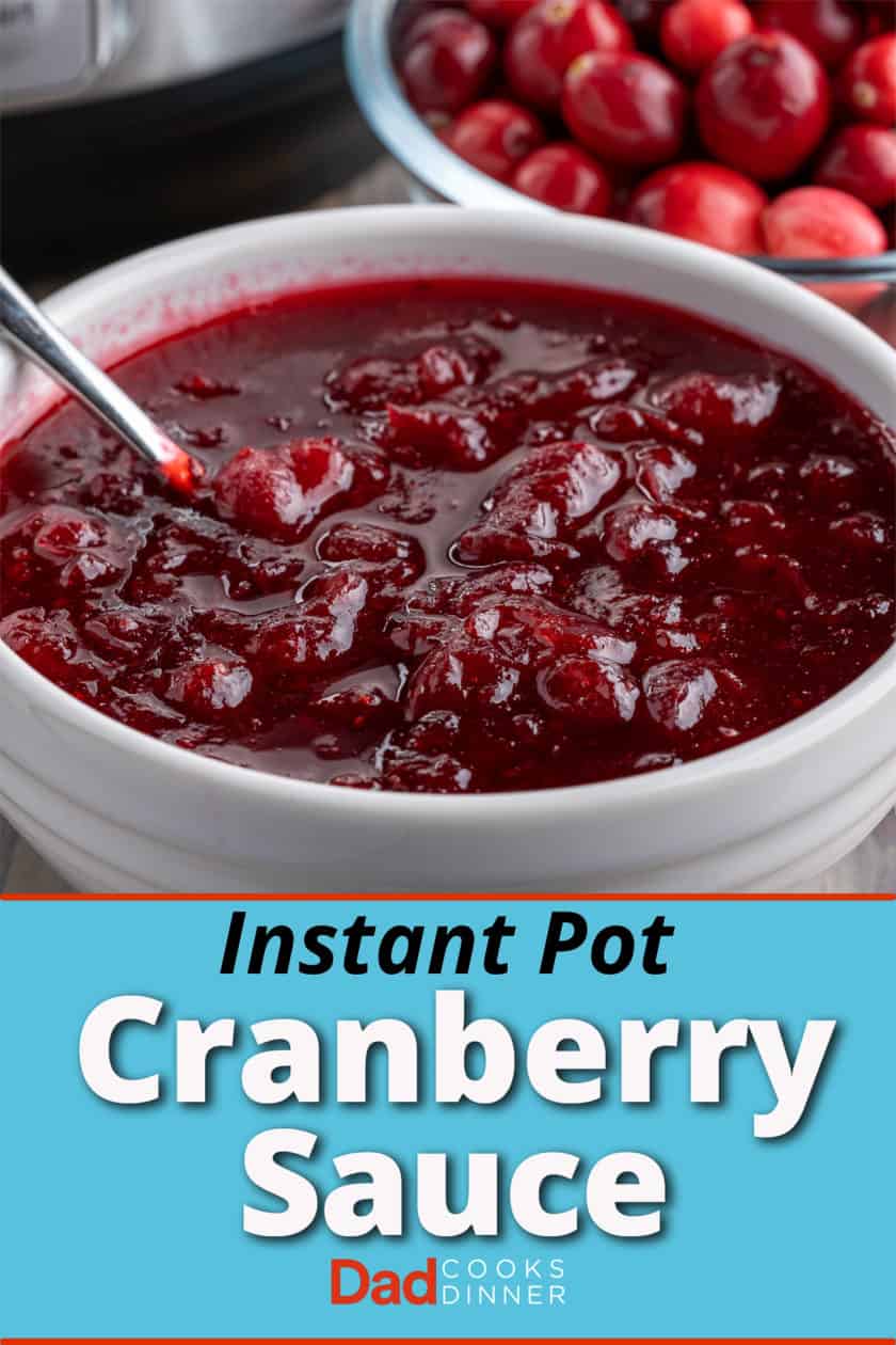 A bowl of cranberry sauce with a bowl of cranberries and an Instant Pot in the background