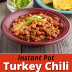 A bowl of turkey and small red bean chili, with minced green onions, tortilla chips, and an Instant Pot in the background.