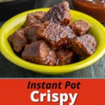 A bowl full of cooked brisket cubes, glazed with barbecue sauce, with an Instant Pot and a bowl of barbecue sauce in the background