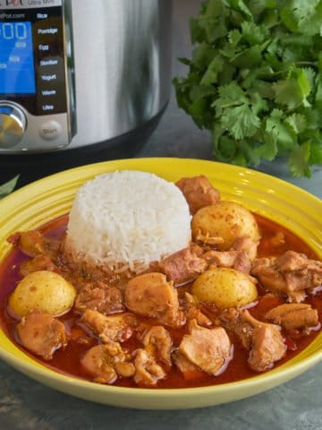 A yellow bowl of massaman chicken curry with a serving of rice, on a gray table with basil, cilantro, and an Instant Pot visible in the background