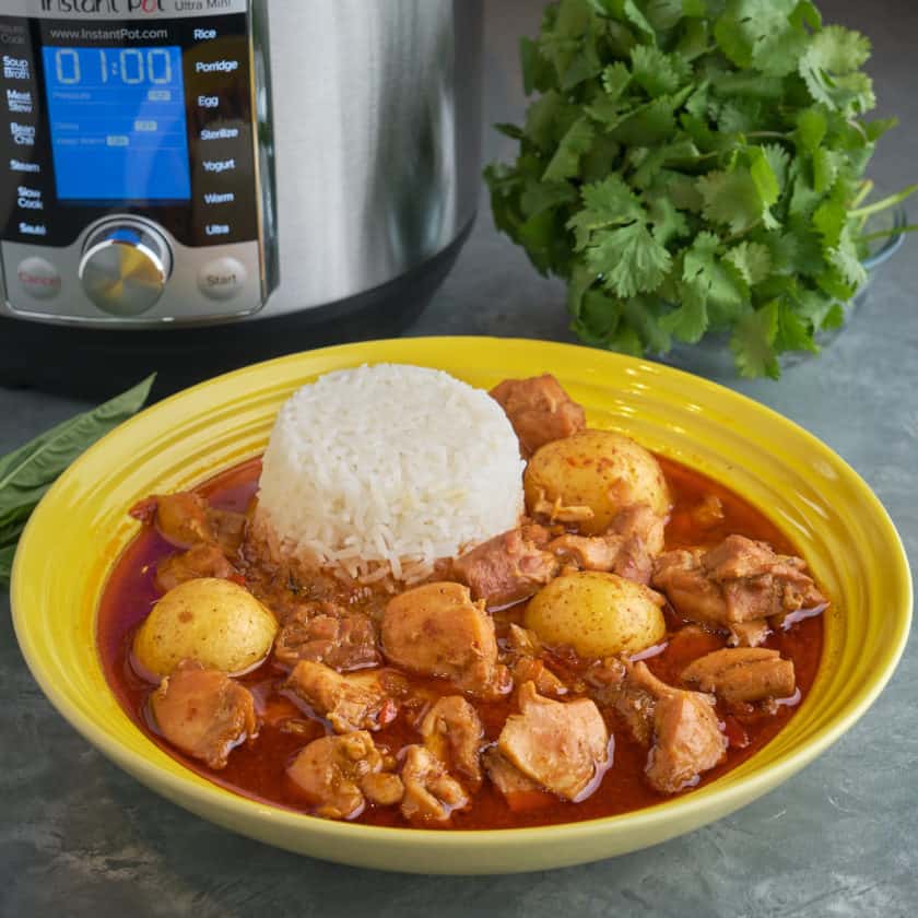 A yellow bowl of massaman chicken curry with a serving of rice, on a gray table with basil, cilantro, and an Instant Pot visible in the background