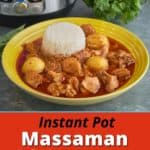 A yellow bowl of massaman chicken curry with a serving of rice, on a gray table with basil, cilantro, and an Instant Pot visible in the background