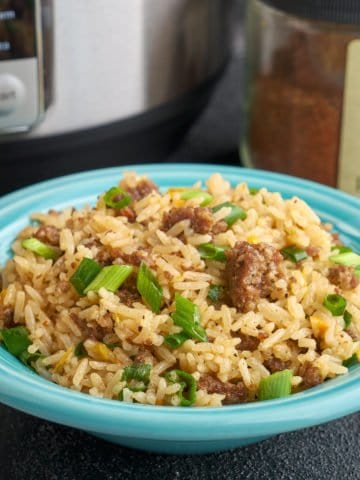 A bowl of Cajun dirty rice with an instant pot and a jar of Cajun seasoning in the background