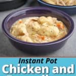 Two bowls of chicken and dumplings, with an Instant Pot in the background, on a gray table