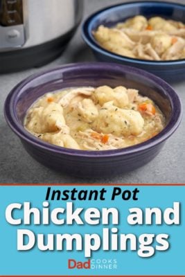 Two bowls of chicken and dumplings, with an Instant Pot in the background, on a gray table