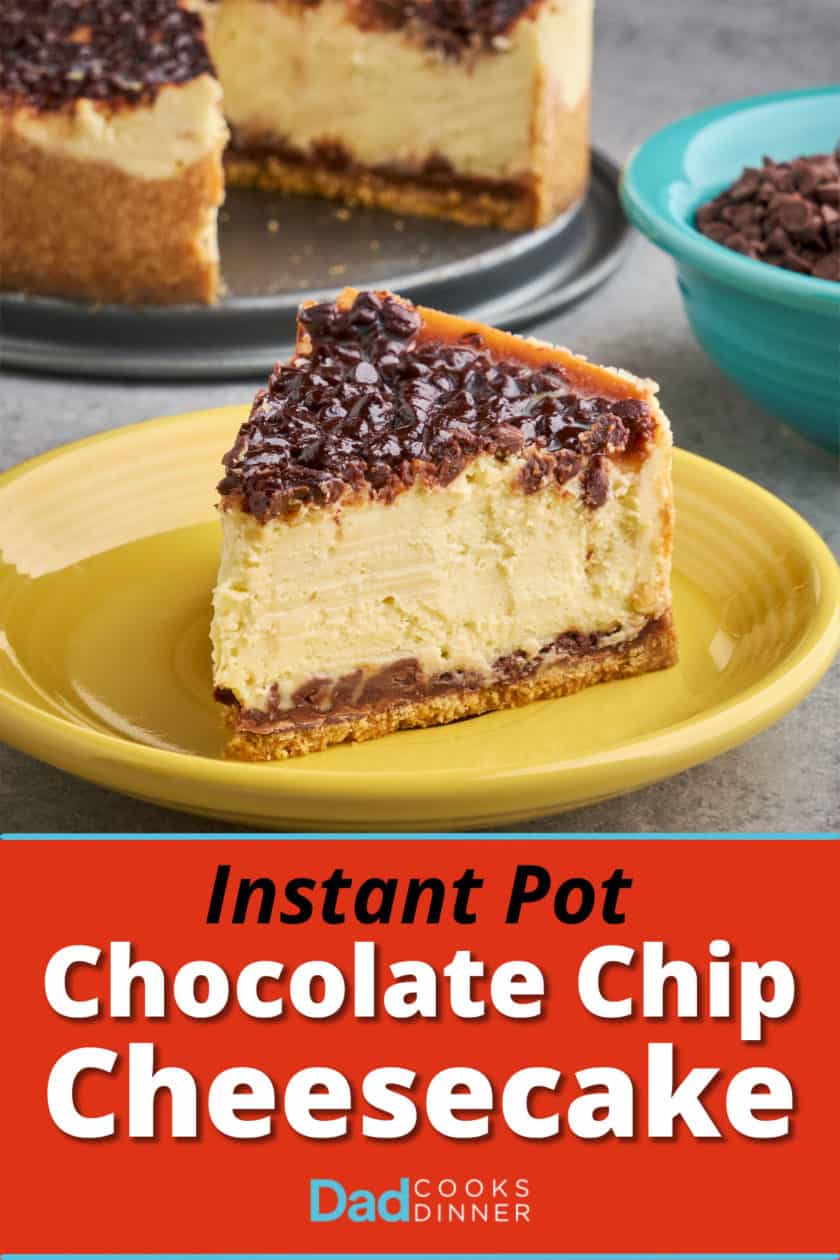 A slice of chocolate chip cheesecake on a yellow plate, with a bowl of mini chocolate chips and the cheesecake in the background