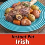 A braised lamb shank, surrounded by potatoes and carrots, on a teal plate, with an Instant Pot, a bundle of thyme, and a pepper mill in the background