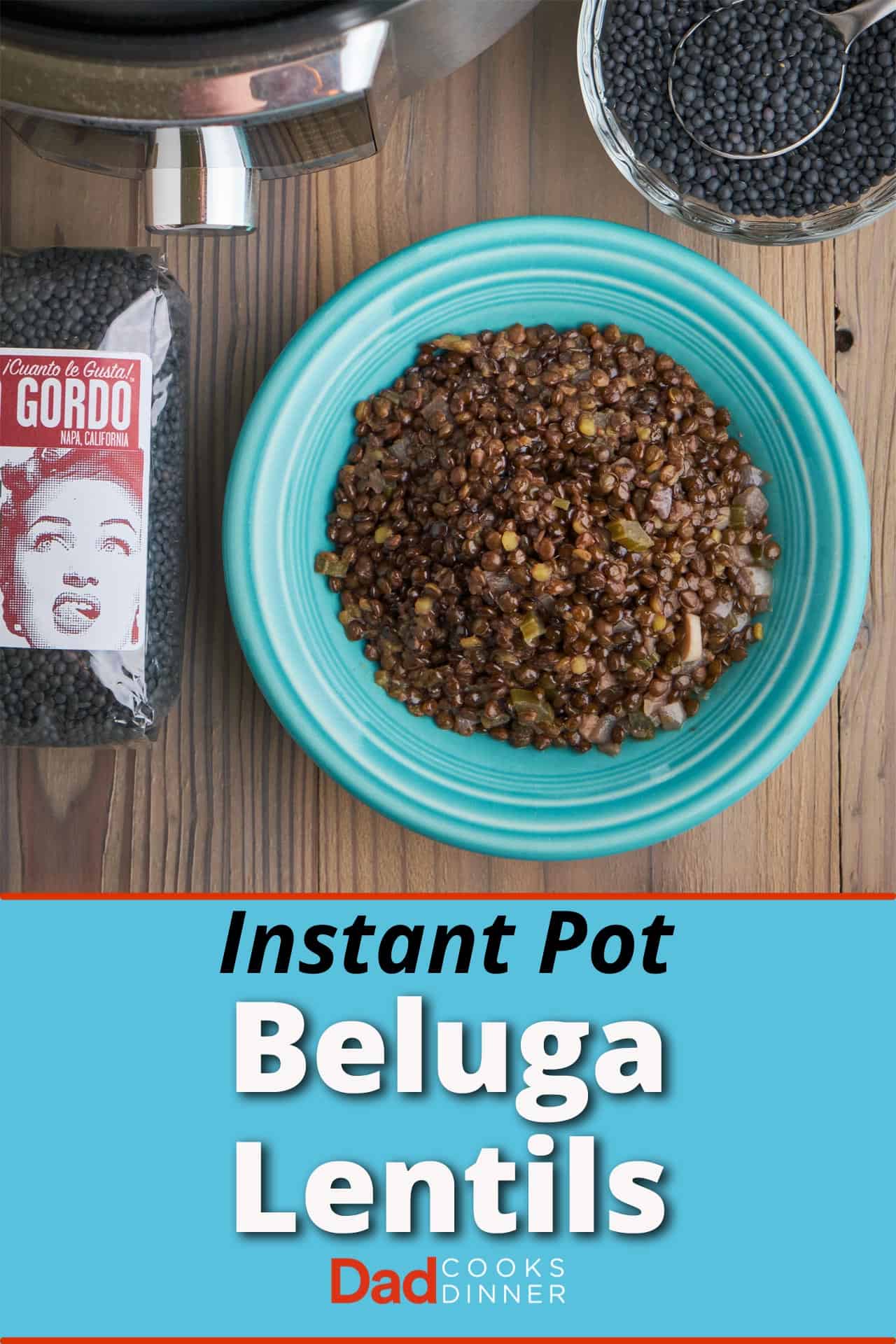 A bowl of cooked beluga lentils, next to a bowl and bag of uncooked lentils, and an Instant Pot