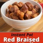 A bowl of red braised pork belly cubes in front of an Instant Pot and a bowl of rice