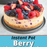 A berry cheesecake in front of an Instant Pot