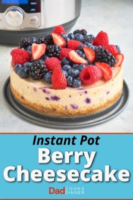 A berry cheesecake in front of an Instant Pot