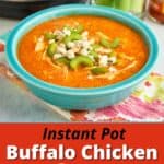 A bowl of Buffalo chicken soup topped with celery and blue cheese crumbles, with an Instant Pot and celery sticks in the background.