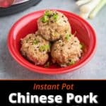 A small bowl with a tower of Chinese meatballs, sprinkled with sliced green onions and sesame seeds for garnish, in front of an instant pot, a knob of ginger, and more scallions