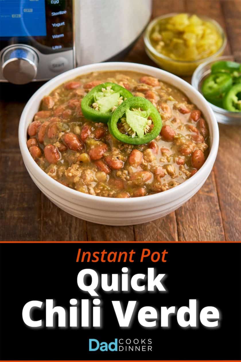A bowl of green pork chili, with sliced jalapenos, and an Instant Pot in the background