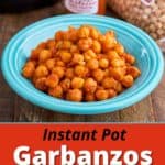 A bowl of garbanzos with Spanish smoked paprika, with a bag of garbanzos, a jar of smoked paprika, and an Instant Pot in the background