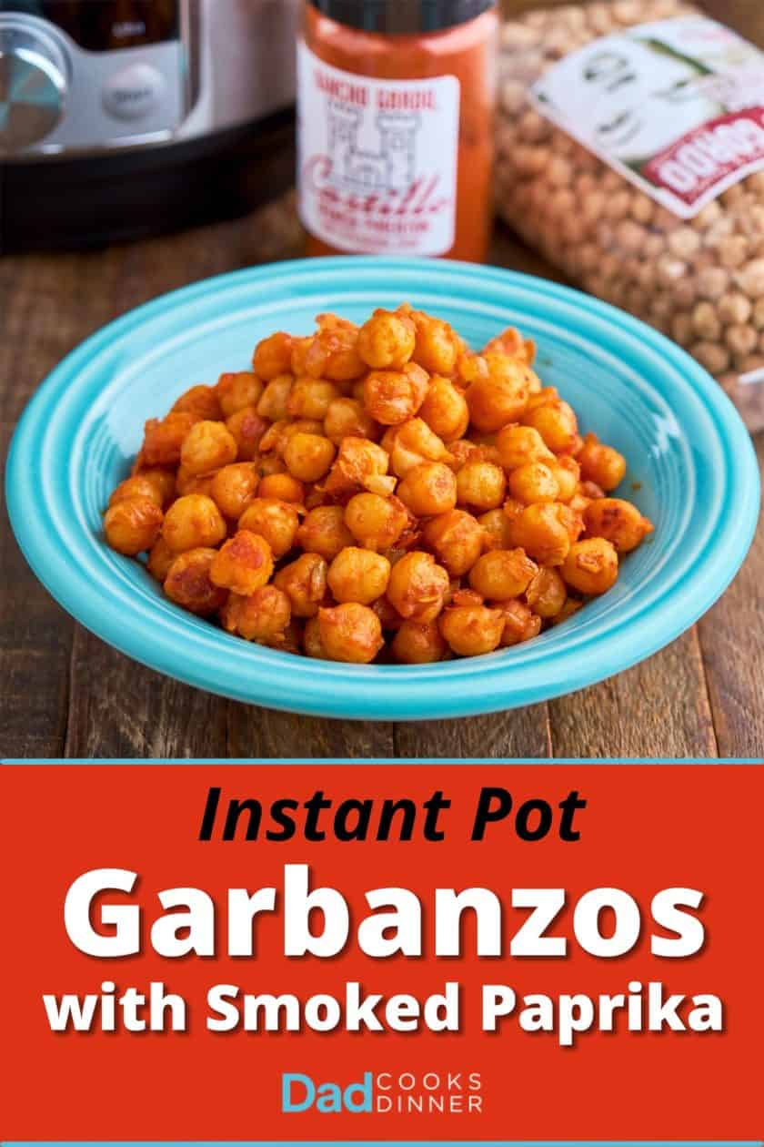 A bowl of garbanzos with Spanish smoked paprika, with a bag of garbanzos, a jar of smoked paprika, and an Instant Pot in the background