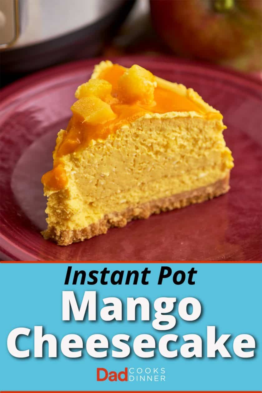 A slice of mango cheesecake on a maroon plate