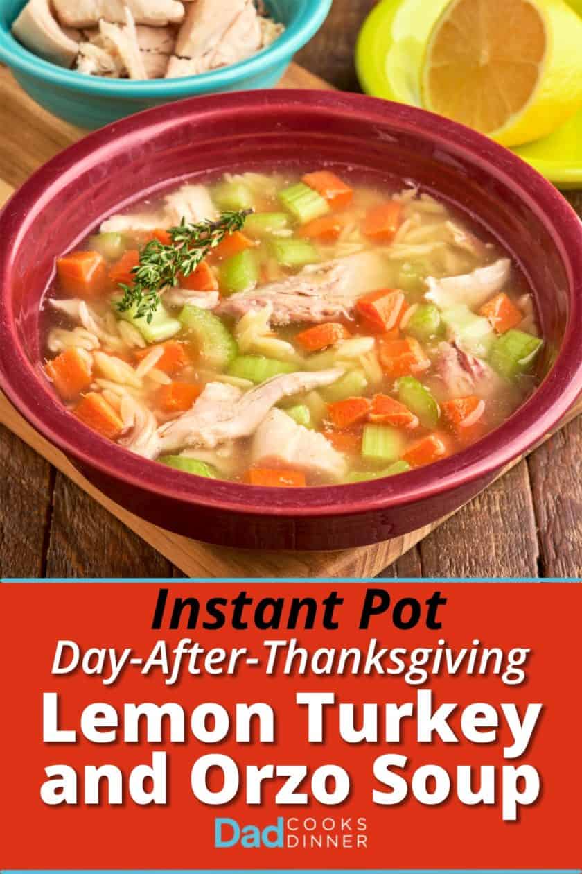 A bowl of lemon turkey and orzo soup, with a sprig of thyme, and a lemon and shredded turkey in the background