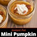 A canning jar mini pumpkin pie, with whipped cream and pecans sprinkled on top