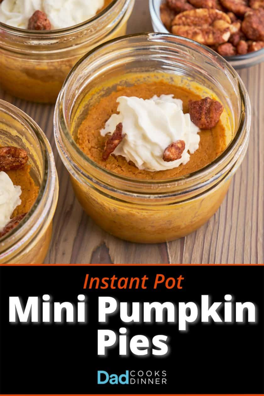 A canning jar mini pumpkin pie, with whipped cream and pecans sprinkled on top