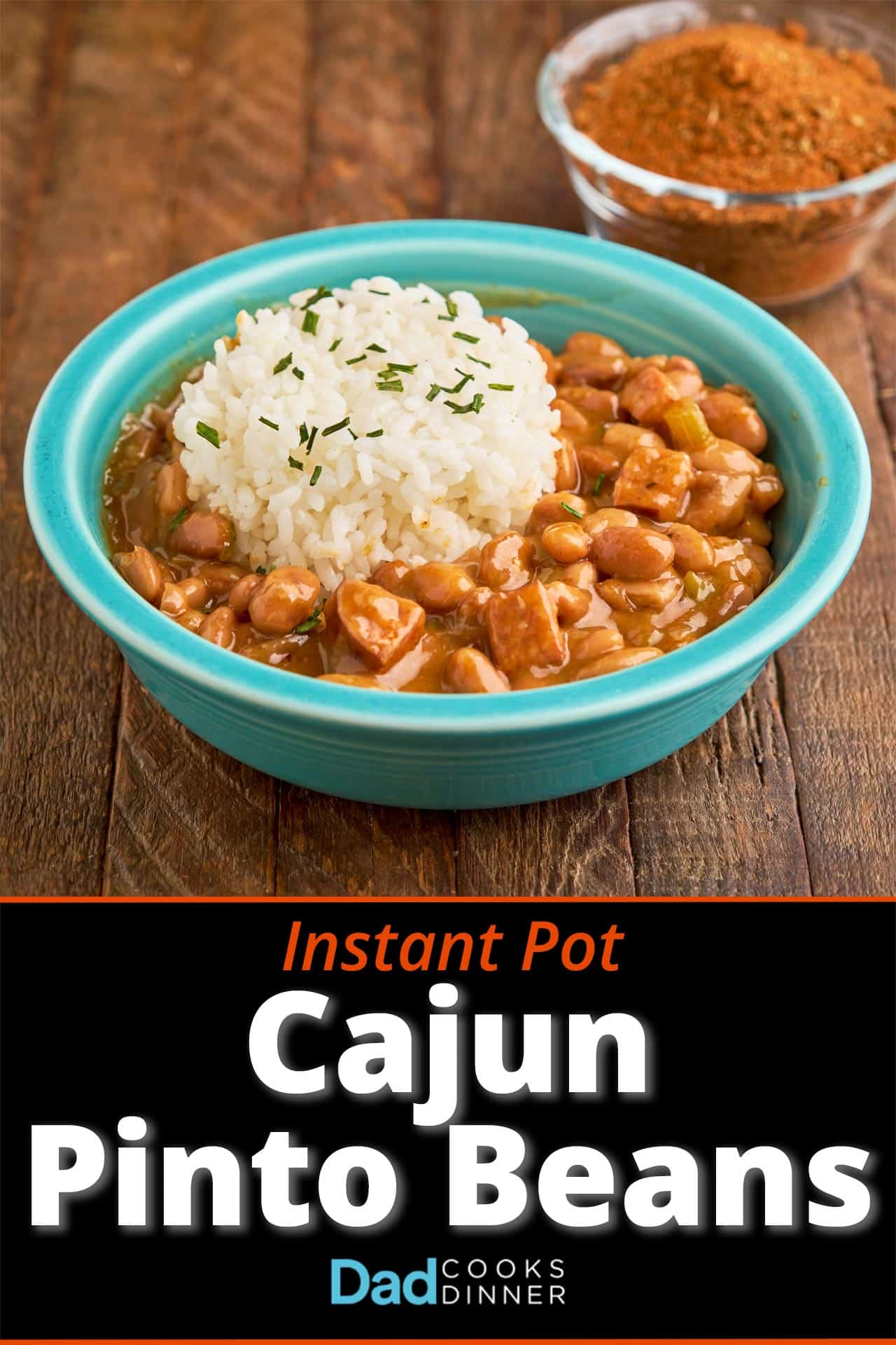 A bowl of Cajun pinto beans and rice, with a smaller bowl of spices behind them