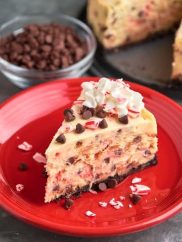 A piece of chocolate peppermint cheesecake, topped with whipped topping and a sprinkling of chocolate chips and crushed candy canes