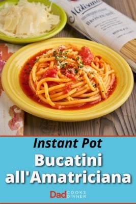 A plate of Bucatini all'Amatriciana, with a bowl of cheese and a bag of dried bucatini in the background