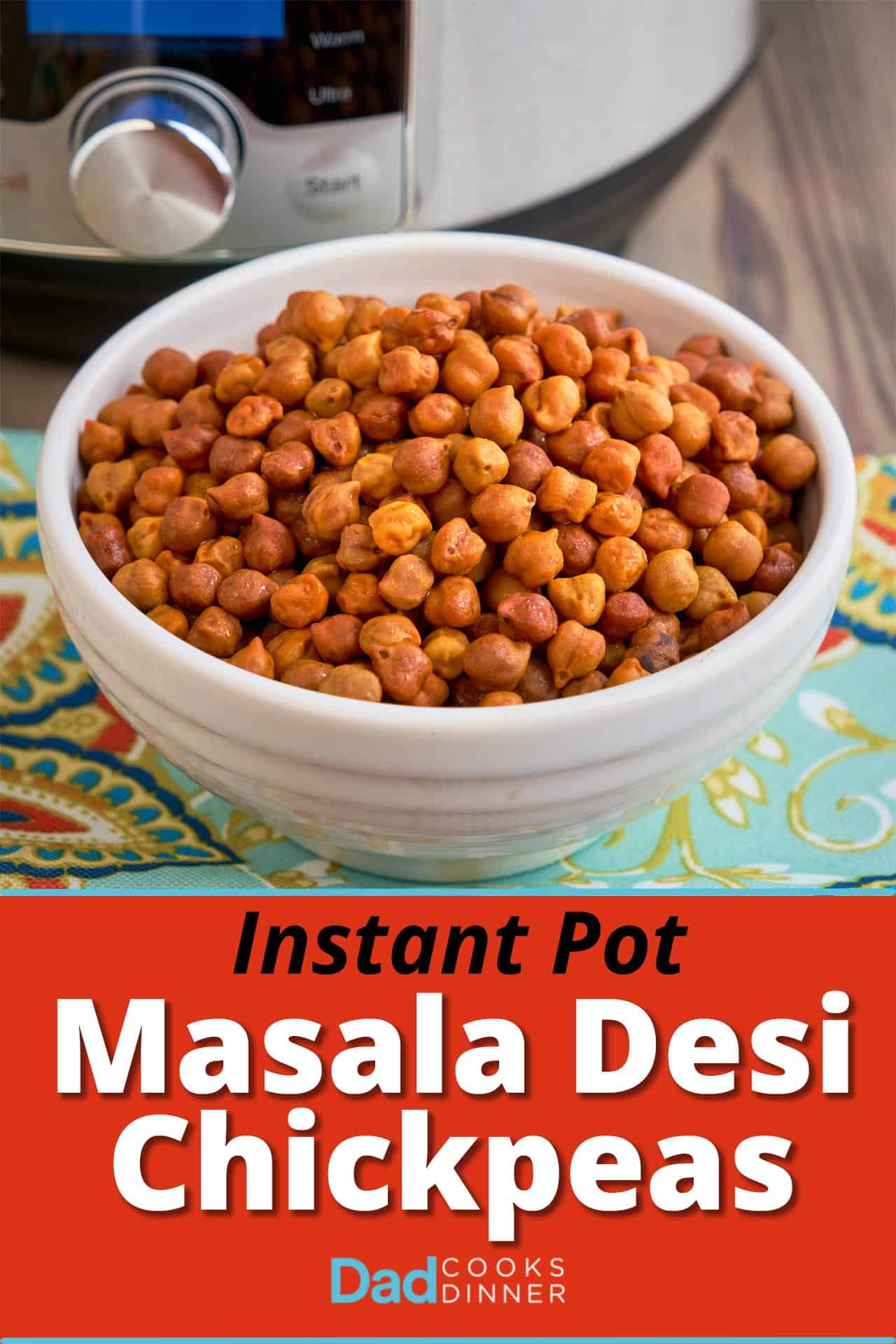 A bowl of desi chickpeas (Desi Chana) with an Instant Pot in the background