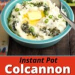 A bowl of colcannon with a big pat of butter, and more butter and greens in the background