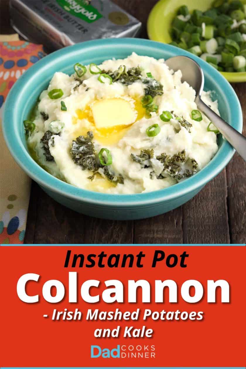 A bowl of colcannon with a big pat of butter, and more butter and greens in the background