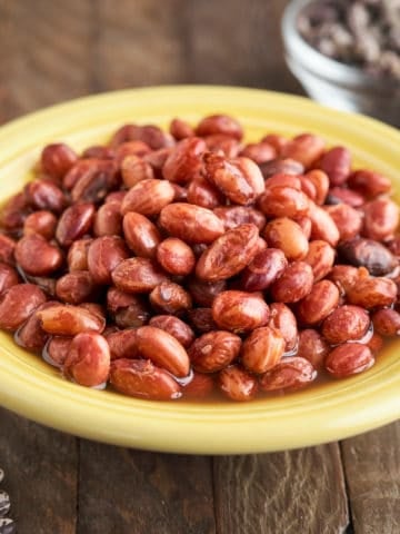 A bowl of Good Mother Stallard beans, with uncooked beans in the foreground