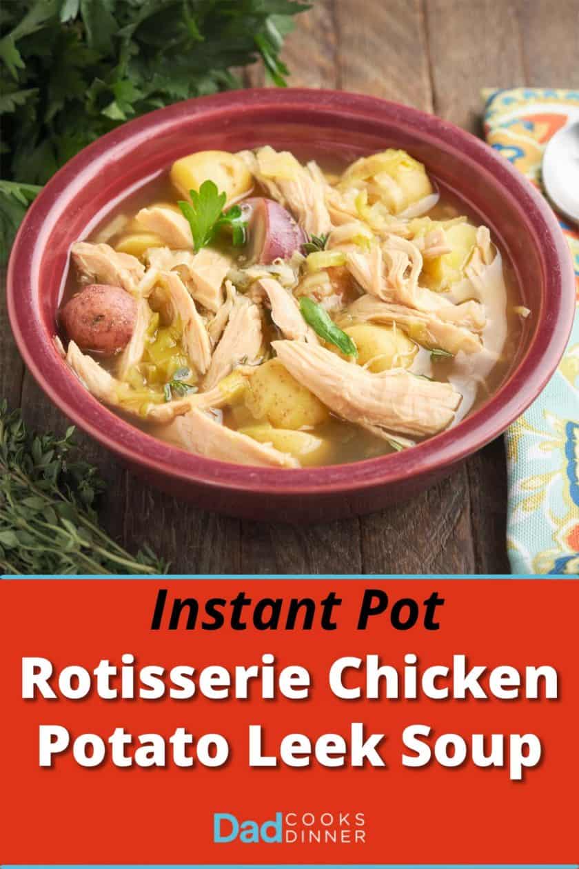 A purple bowl full of rotisserie chicken potato leek soup, with parsley and thyme next to it, on a wooden table with a napkin and a spoon