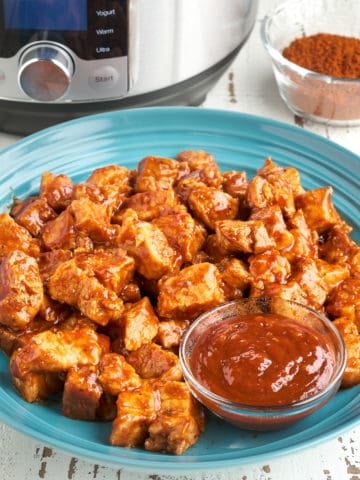 Pork belly cubes, tossed in barbecue sauce