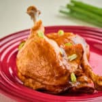 A pair of duck legs on a red plate with green onions in the background