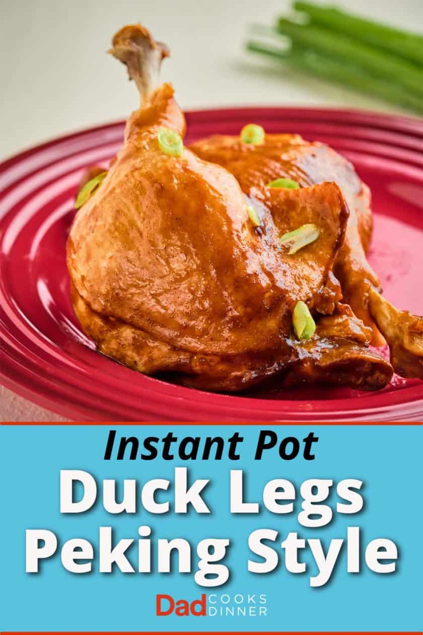 A pair of duck legs on a red plate with green onions in the background