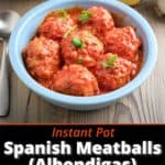 A bowl of Spanish meatballs (Albondigas) in tomato sauce, with a pressure cooker and smoked paprika in the background.