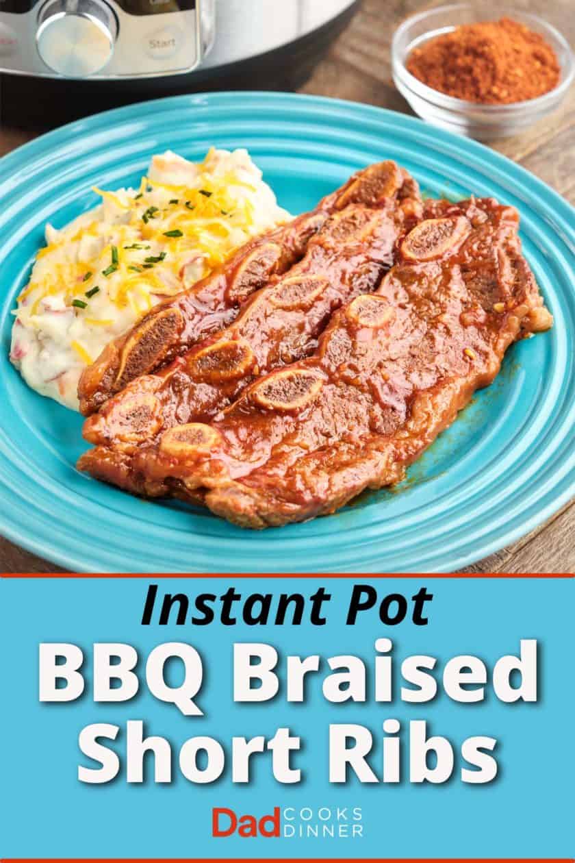 A plate with BBQ short ribs and mashed potatoes, with a dish of BBQ rub and a pressure cooker in the background
