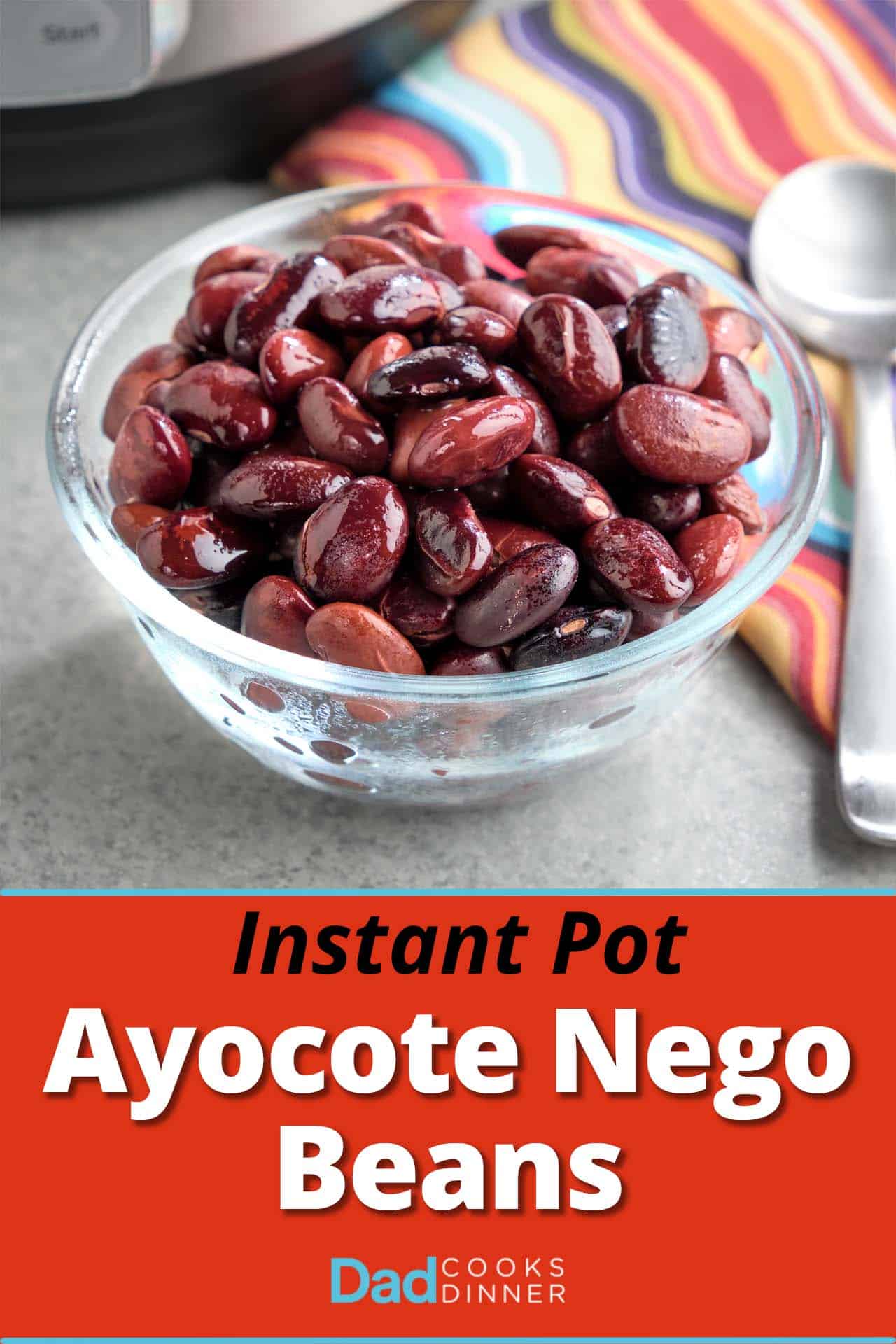 A bowl of cooked Ayocote Negro beans, with a spoon, a napkin, and a pressure cooker in the background