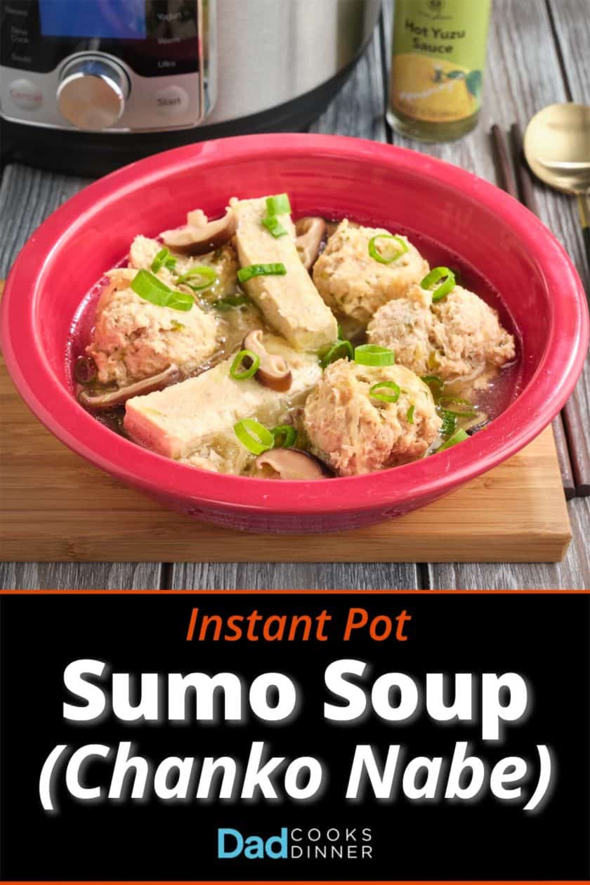 A bowl of sumo soup, with meatballs, tofu, mushrooms, and scallions, with an Instant Pot and Hot Yuzu Sauce in the background