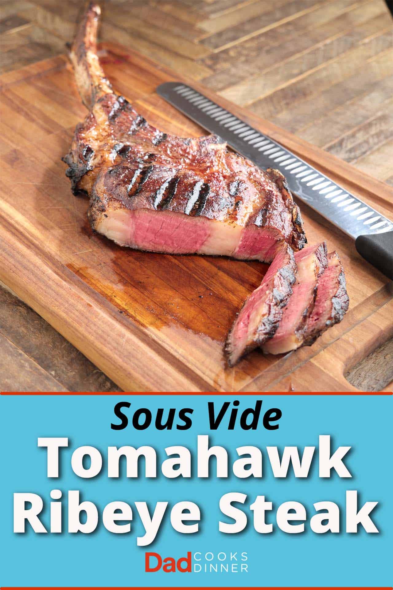 A tomahawk steak on a cutting board, with slices showing medium-rare doneness, and a slicing knife in the background