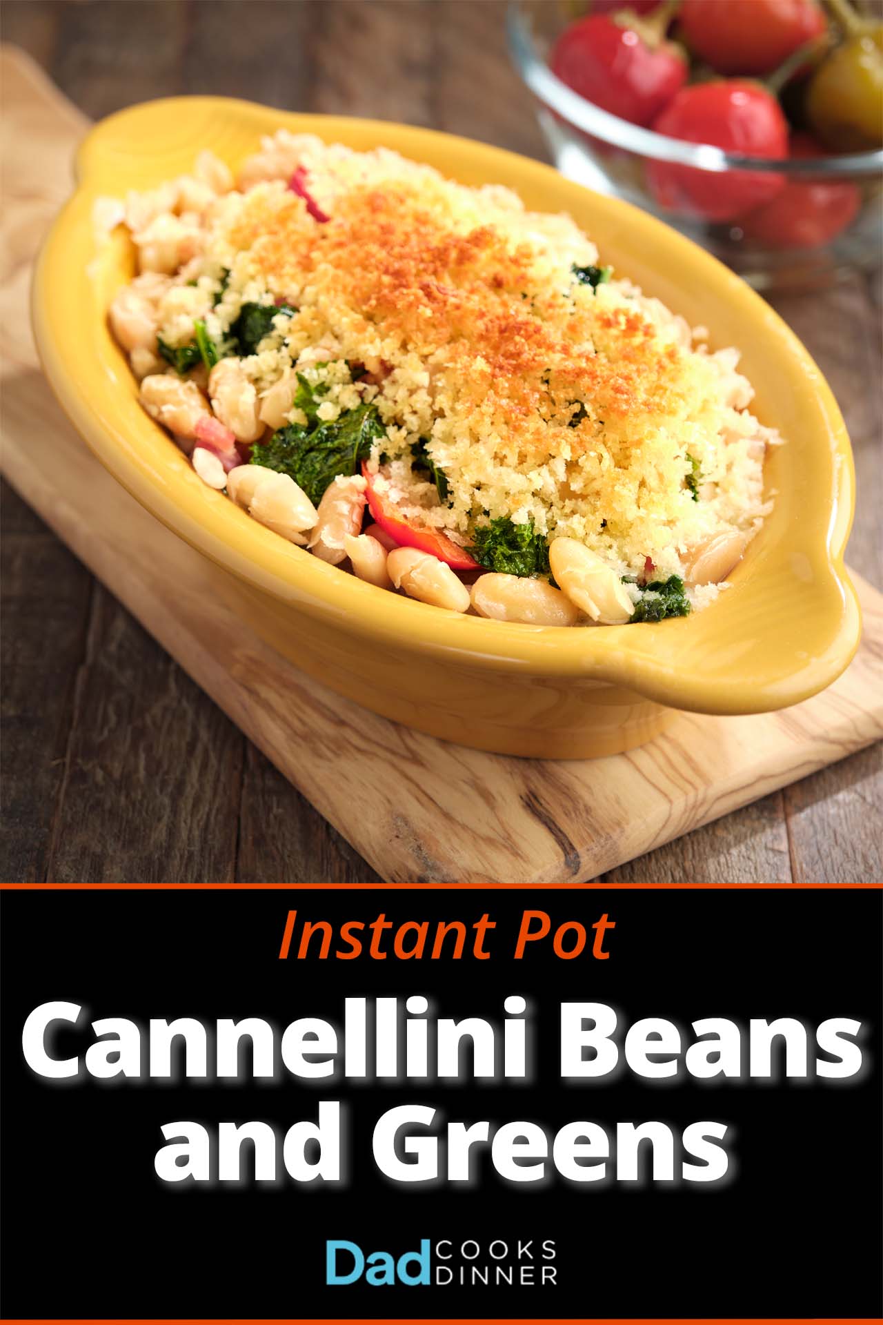 A gratin dish of beans, greens, and cherry peppers, topped with a toasted bread crumb crust, with more cherry peppers in the background