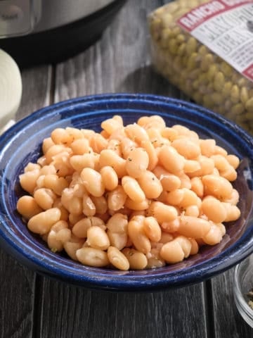 A bowl of cooked mayocoba beans, with a bag of uncooked beans, a bowl of oregano, an onion, and an Instant Pot in the background