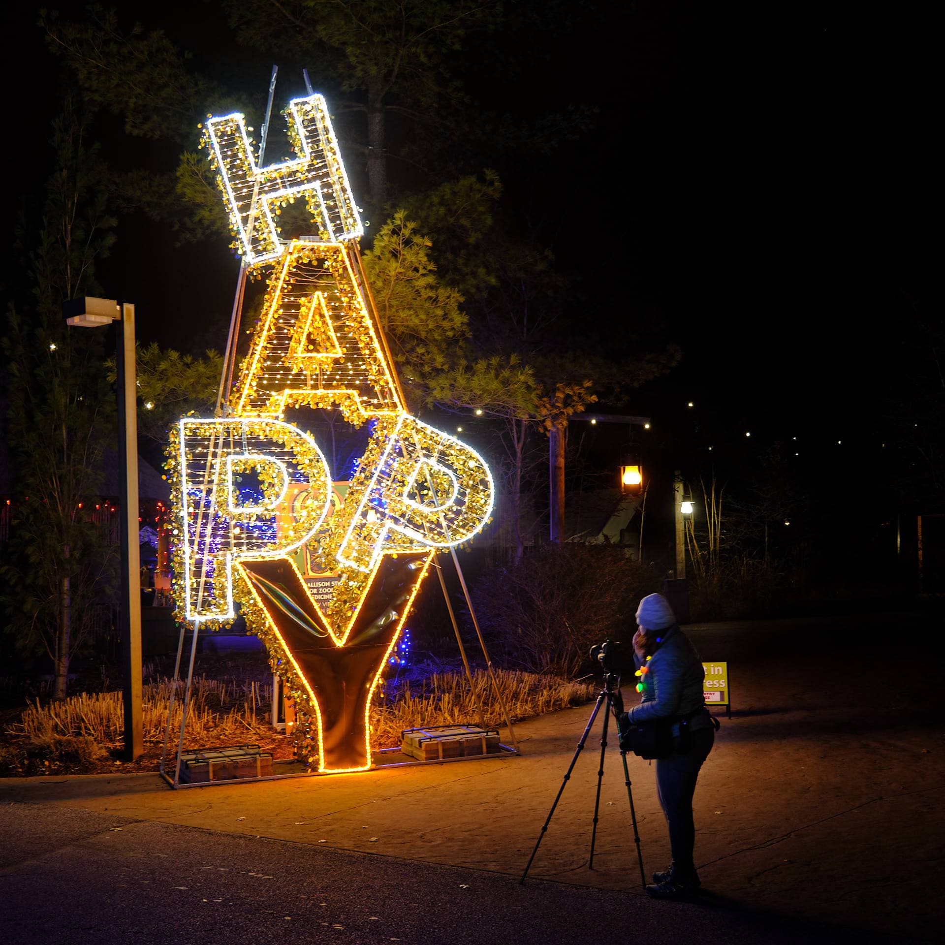 Lit up "Happy" sign at the Cleveland Metroparks Zoo Wild Winter Lights festival