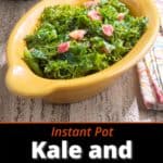 A bowl of cooked kale and pancetta, with a napkin and an Instant Pot in the background