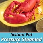 A cooked lobster on a yellow plate, with a lemon and an Instant Pot in the background